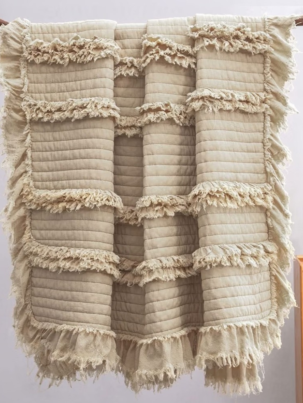 Textured Fringed Quilted Throw Blanket in Cream